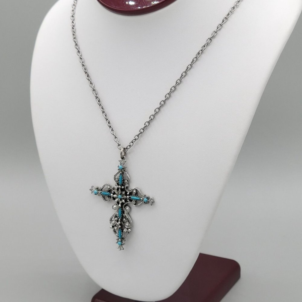 Unisex Silver Tone Cable Chain Fashion Necklace Cross Shaped Pendant 24 in - Picture 4 of 9